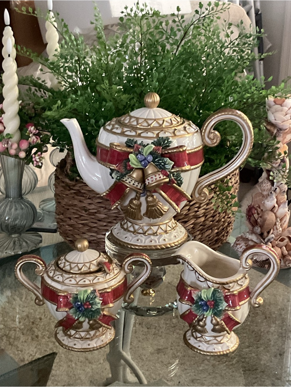 Festive White & Red Holiday Teapot Set with Gold Accents